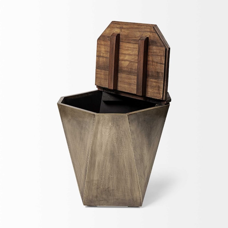 Brown Solid Wood Hexagon End Table with Brass Finish and Thick Top Frame - 19.3” x 19.3” x 21” (D x W x H)