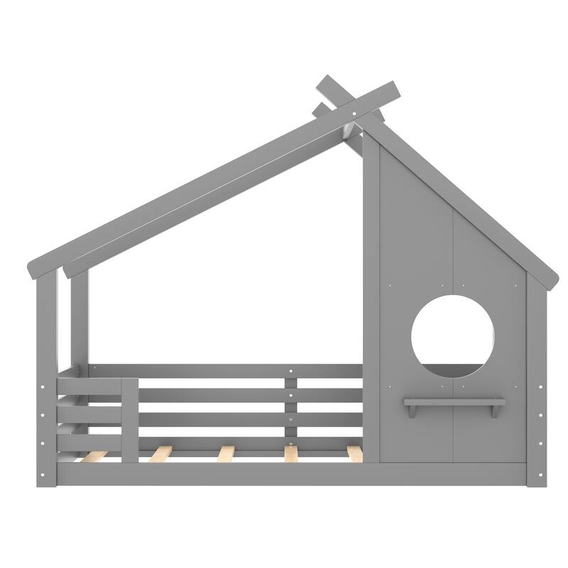 Wooden House Floor Bed, Modern Kids Montessori Playhouse Bed Frame with Window and Roof