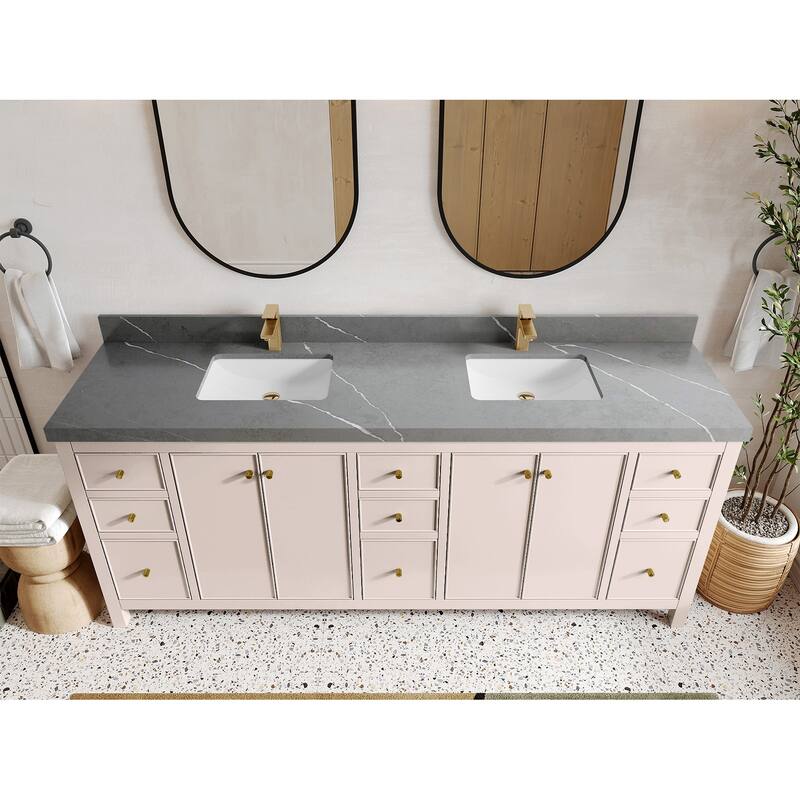 Willow Collections 84 in. W x 22 in. D Chicago Double Bowl Sink Bathroom Vanity with Countertop - 2”Piatra Gray - Pink