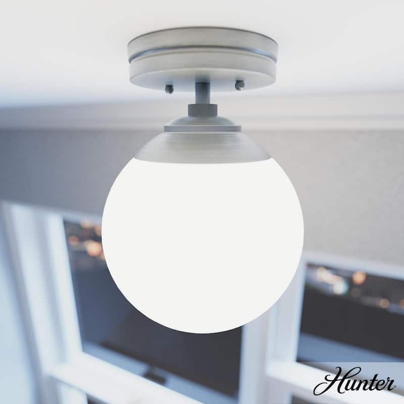 Hunter Hepburn 1-Light Flush Mount Ceiling Light - Bedroom, Bath, Entry, Hallway - Damp-Rated - Vintage, Globe Light - Brushed Nickel