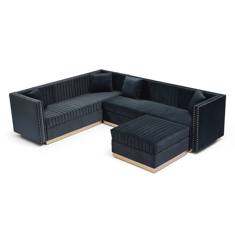 Luxurious Velvet Vertical Channel Tufted L-Shaped Corner Sectional Sofa with Convertible Ottoman and 4 Pillows