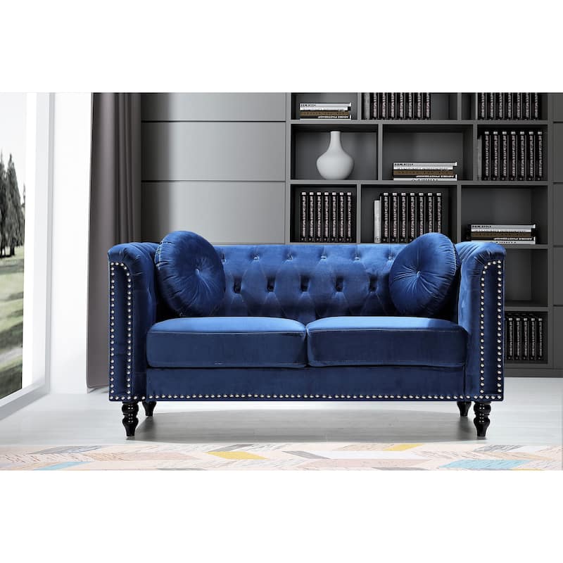 Calvin Classic Velvet Kittleson Nailhead Chesterfield Loveseat - Dark Blue