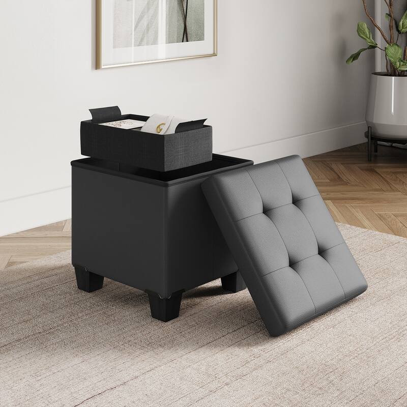 Empyrean Tuffted Folding Foot Rest Storage Ottoman Bench with Storage Bins - 15 Inch - Grey Leather