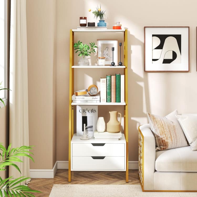 Ladder Bookshelf 4-Tier Freestanding Bookcase with Drawers - 20.5" x 15.5" x 52.5"