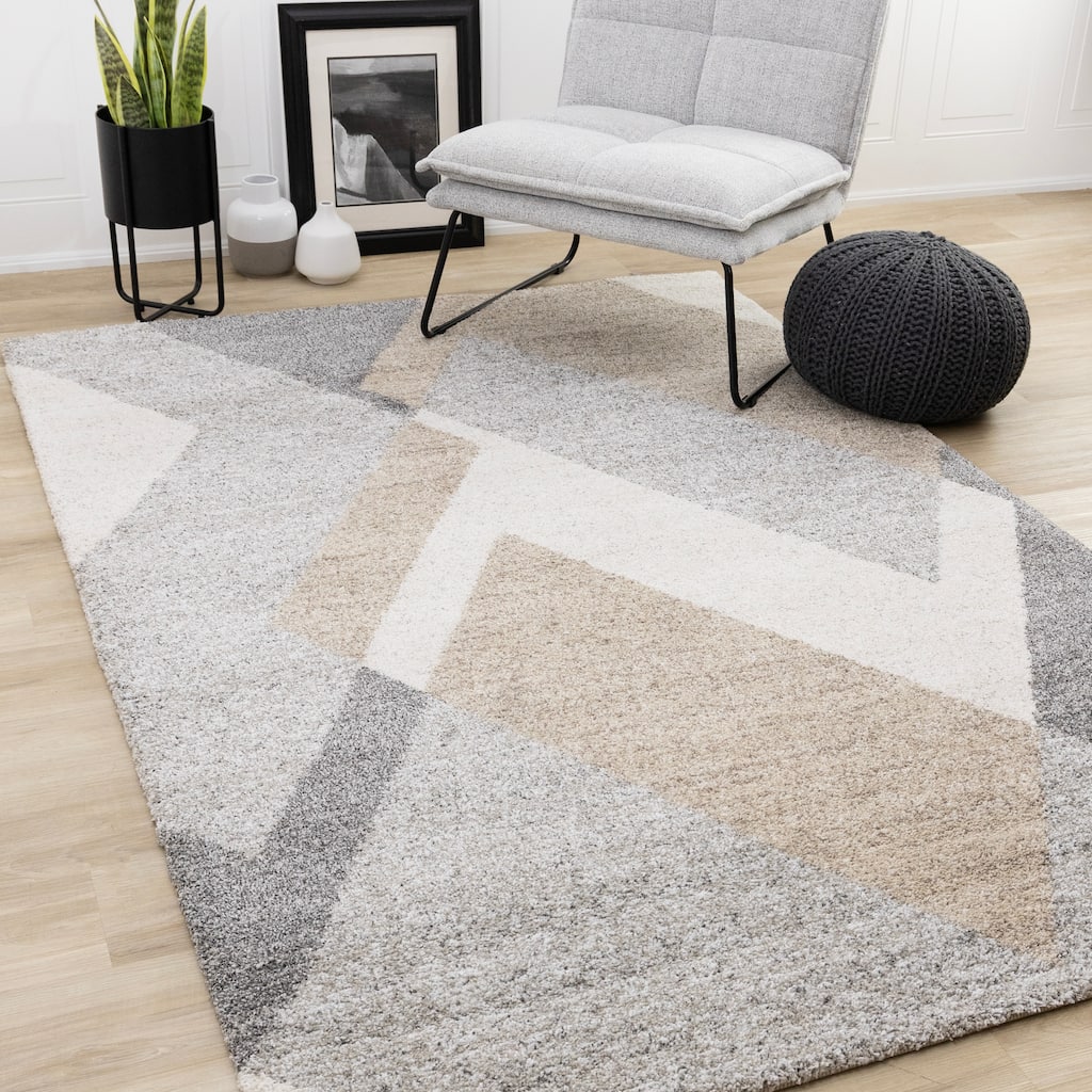 Maverick Collection - White Beige Grey Modern Plush Area Rug