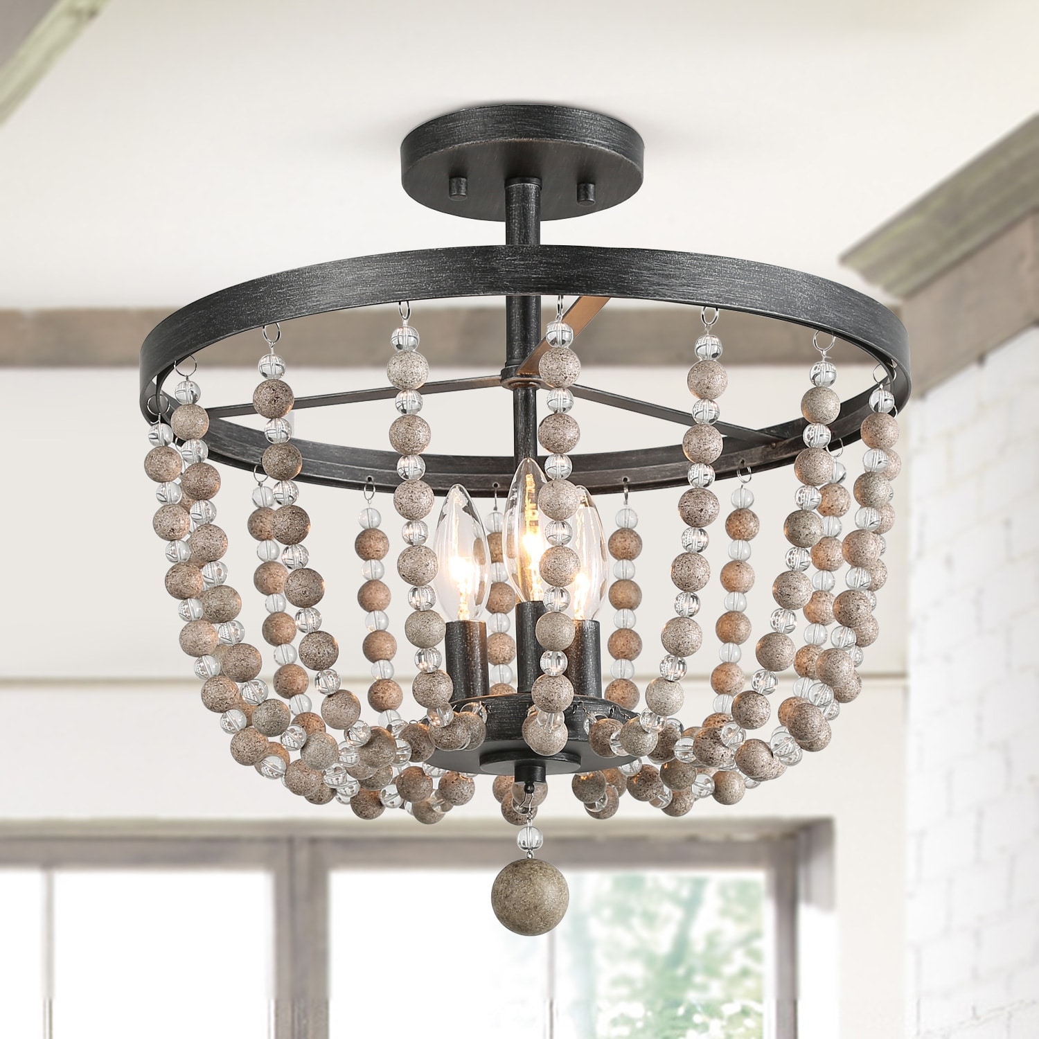 LNC 3-Light Flush Mounts Distressed Wood Beads Ceiling Lights
