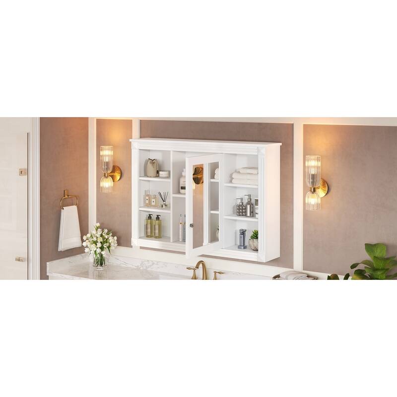 42"Wall Mounted Bathroom Storage Cabinet, Modern Wall Cabinet with Mirror, Mirror Cabinet with 6 Open Shelves