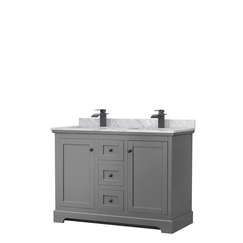 Avery 48-Inch Double Vanity Set with Square Sinks, No Mirror - Dark Gray, Black Trim, White Carrara Marble Top