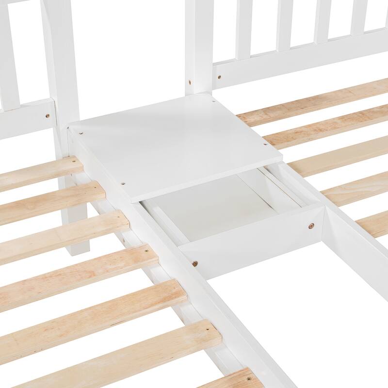 White Wood Triple Bunk Bed with Drawers, Full Over Twin & Twin, Guardrails Included