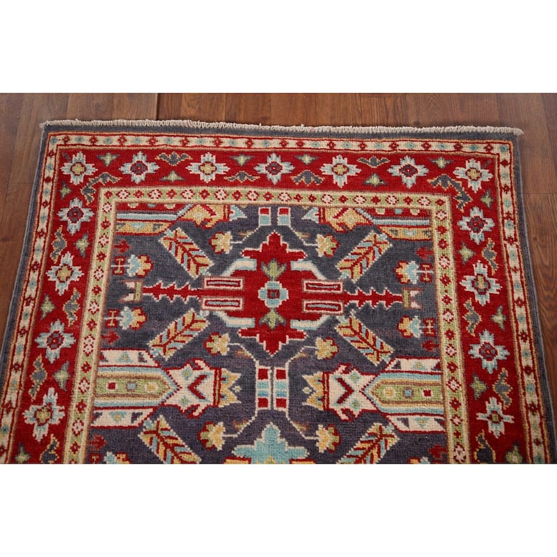 Geometric Kazak Accent Rug Hand-Knotted Blue Wool Carpet - 2'9" x 4'1"