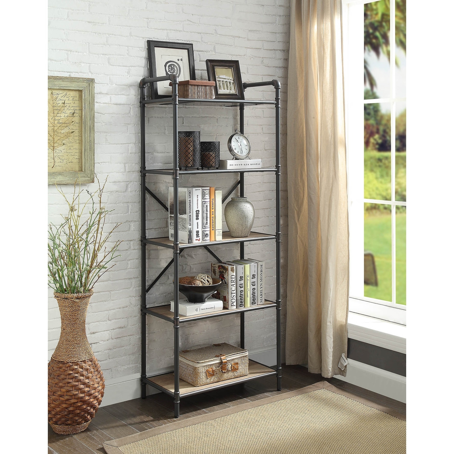 Vendone Antique Oak and Sandy Grey 5-tier Bookcase