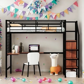 Twin Size Metal Loft Bed with Desk and Metal Grid, Stylish Metal Frame Bed with Lateral Storage Ladder and Wardrobe