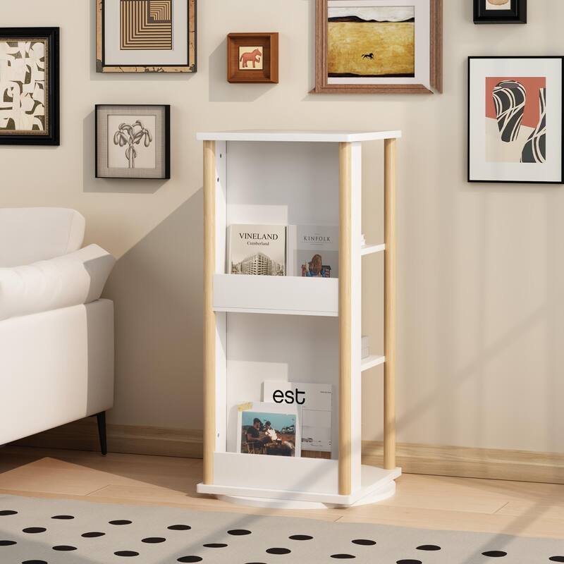 360°Rotating Kids Bookshelf with Chalkboard, 3-Tier Wood Floor Revolving Bookcase & Toy Storage Organizer, Book Display Stand