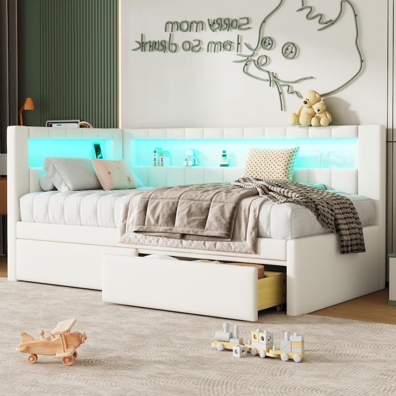Upholstered Twin Size Platform Bed with USB Ports, LED Belt & 2 Drawers, Pink