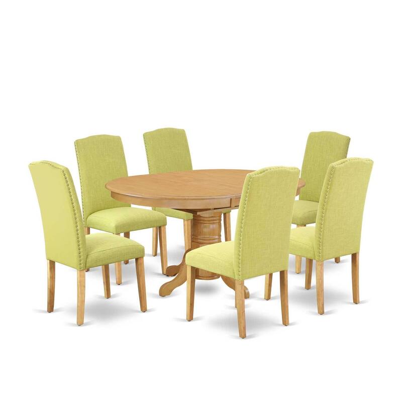 Dinette Set 7Pc Oval Table w/ Leaf & 6 Chairs - Linen Fabric & Oak Legs - Kitchen Dining Room Set