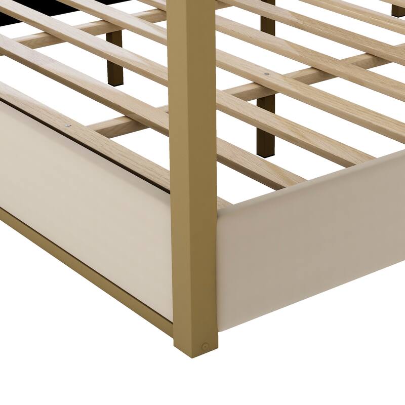 Platform Bed Canopy Bed Velvet Upholstery Bed with Vertical Stripes Headboard and Wood Slat Support No Box Spring Needed