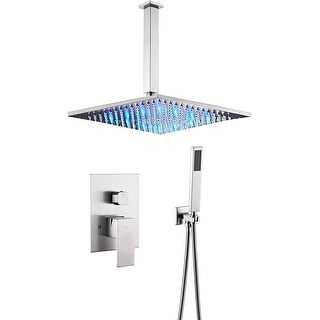 brushed nickel ceiling mount 16 inch 3 LED light rain head 2 way shower ...