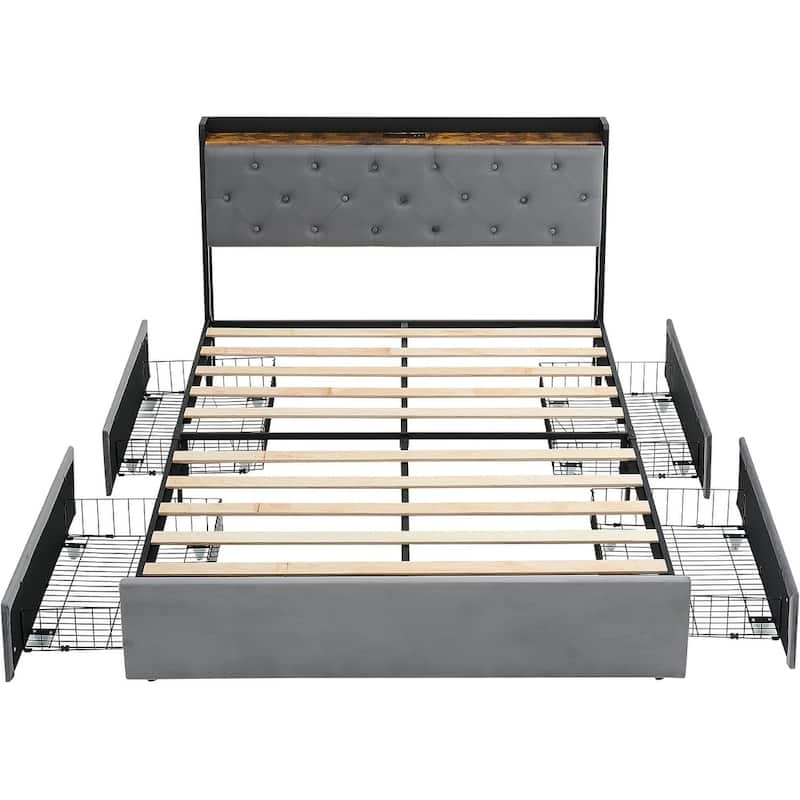 Velvet Bed Frame with Four Storage Drawers and USB Charging Station