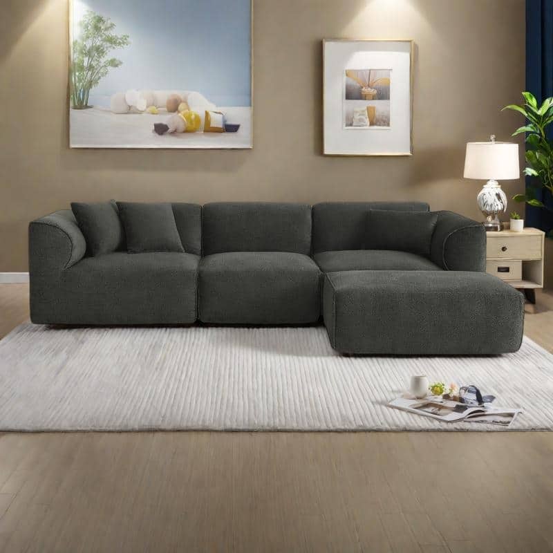 122.1" Double-Needle Velvet 4-Seater Sofa with Detachable Ottoman and 3 Throw Pillows