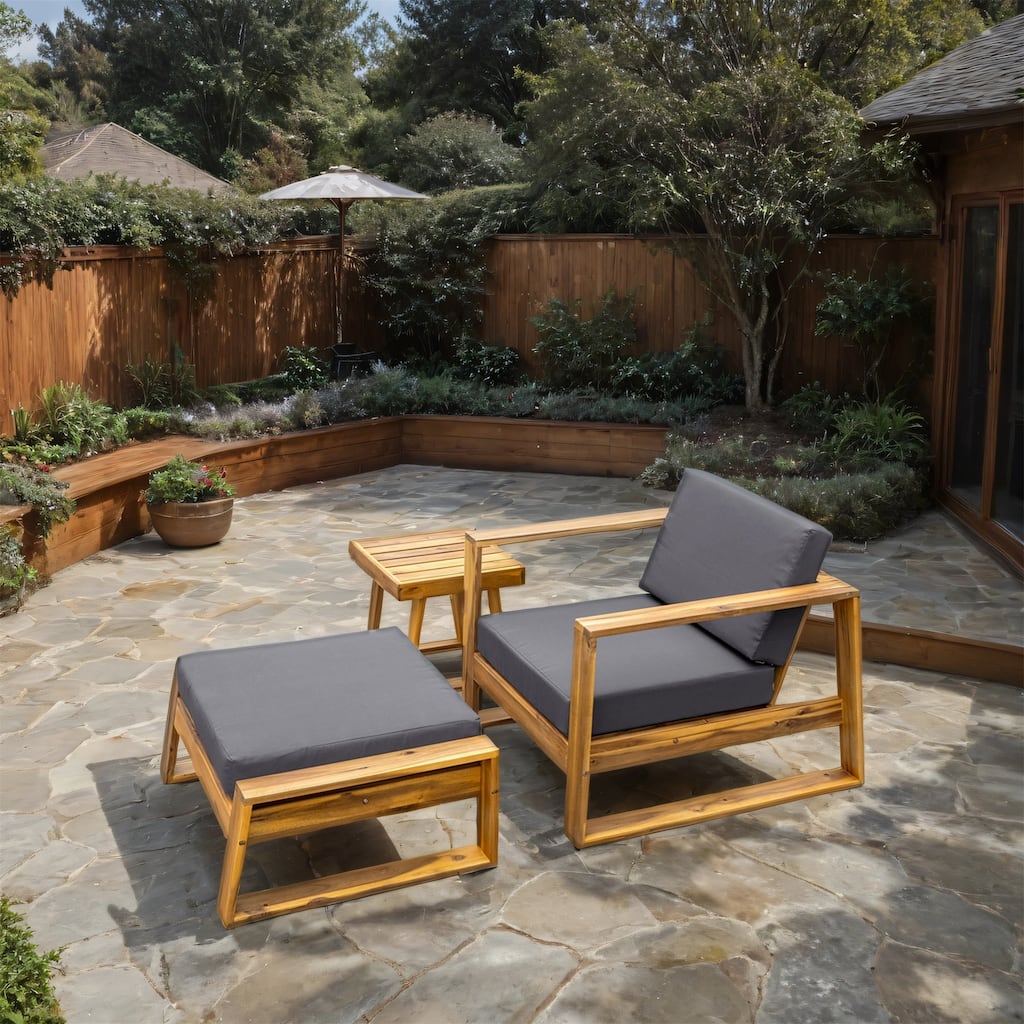 Outdoor Wood Lounge Set with Table and Ottoman for Patios (Set of 3)