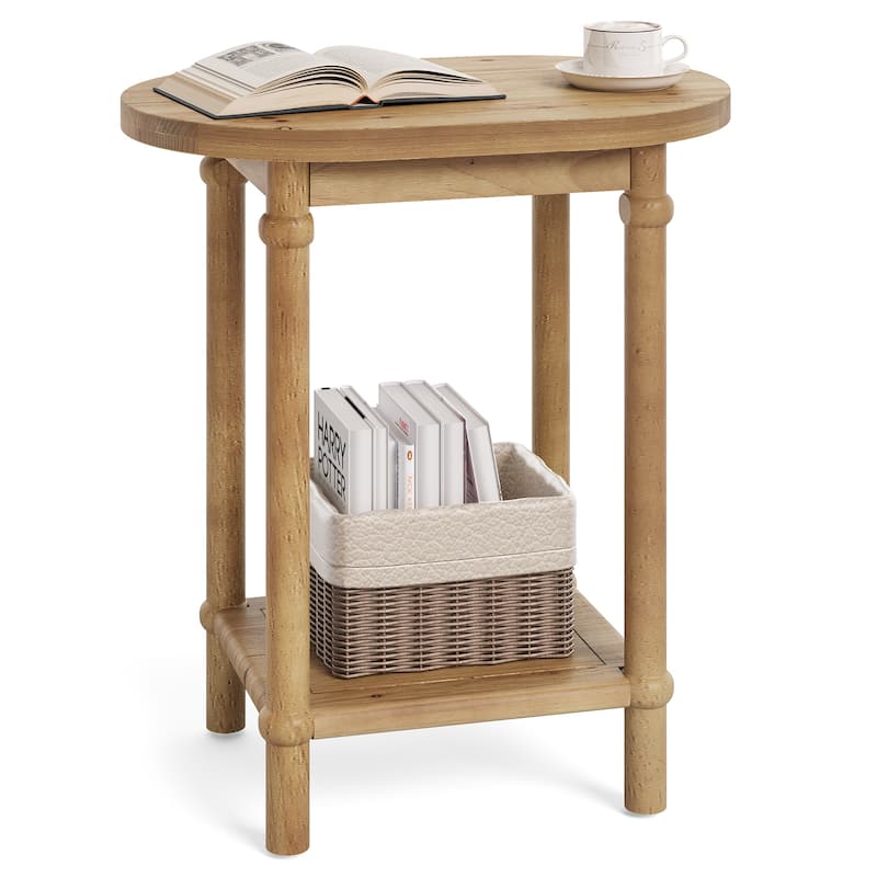 2-Tier Solid Wood End Table with Storage Shelves, Side Accent Table Nightstand for Living Room Bedroom