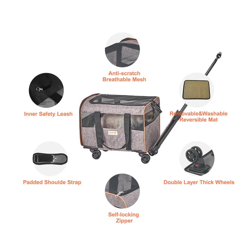 VEVOR Cat Carrier with Wheels Rolling Pet Carrier with Telescopic Handle and Shoulder Strap