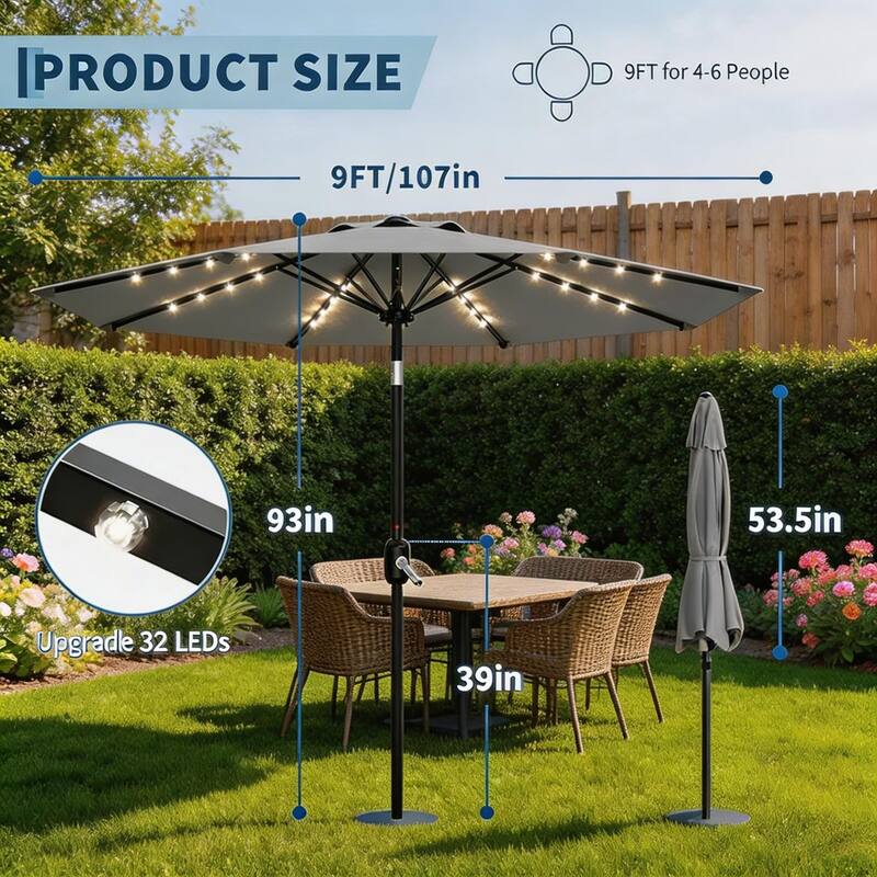 9 ft Patio Umbrella, 8 Sturdy Ribs, with Lights