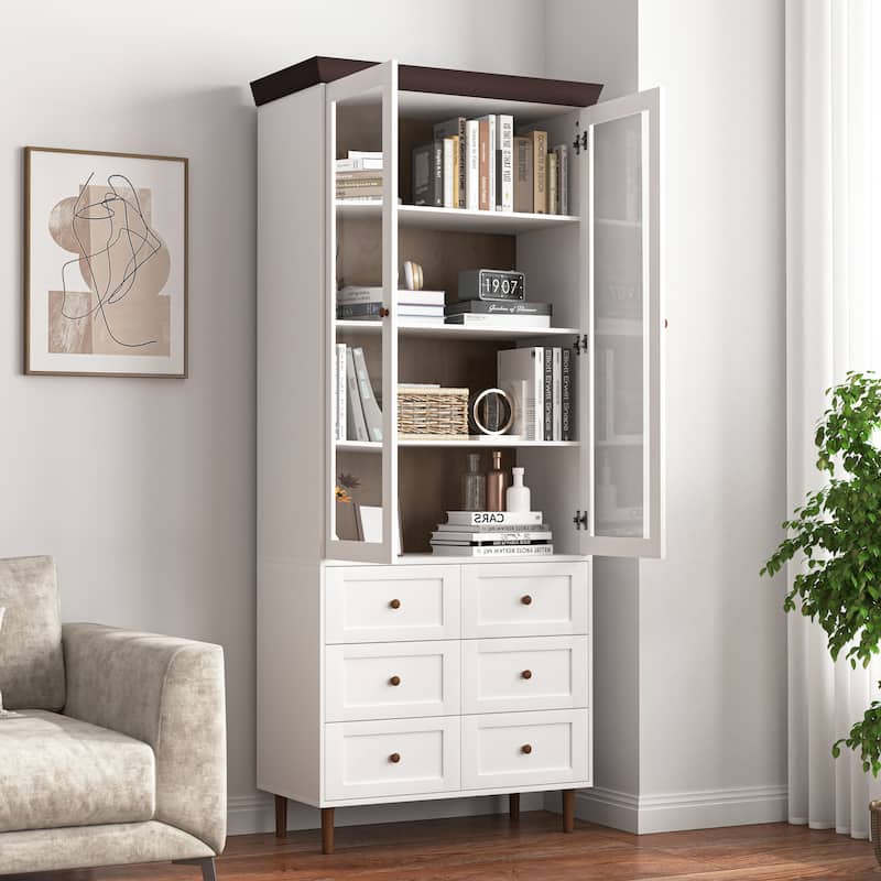 White MDF Display Storage Cabinet,Tall Kitchen Pantry Cabinets with Glass Doors and Adjustable Shelves,Freestanding