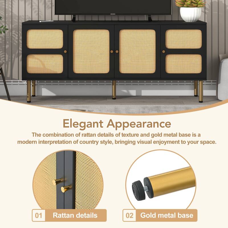Rattan TV Stand for TVs Up to 70", Wood Media Console Table with 3 Cabinets, TV Media Storage Cabinet for Living Room