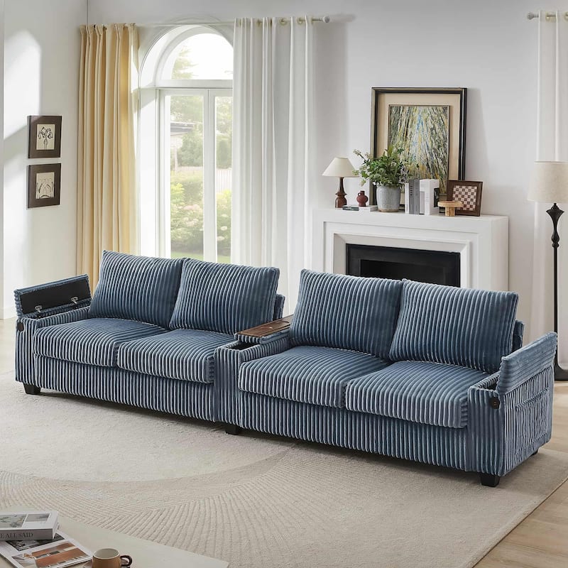 133" Modern 4-Seater Corduroy Sofa Couch with USB Ports, Cup Holders - Blue