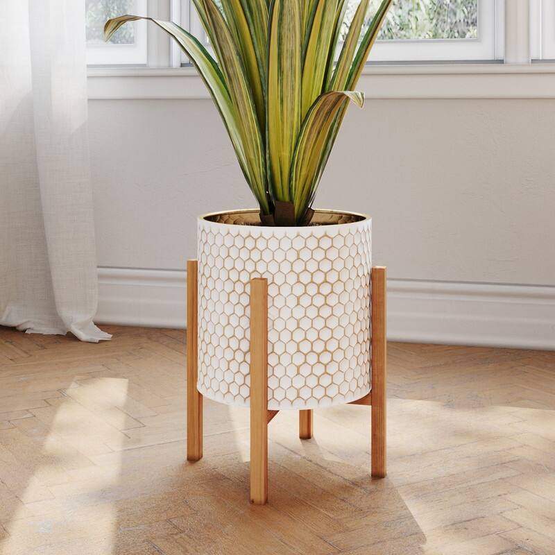 Honeycomb Mid-Century Modern Indoor Metal Pot Planter with 4-Leg Wood Base - 14.75" H  x 12" W - Multi