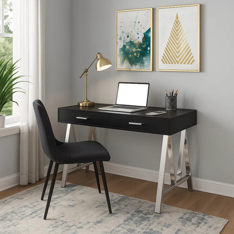Writing Desk with MDF 2 Drawers and Metal Legs, Black and Chrome
