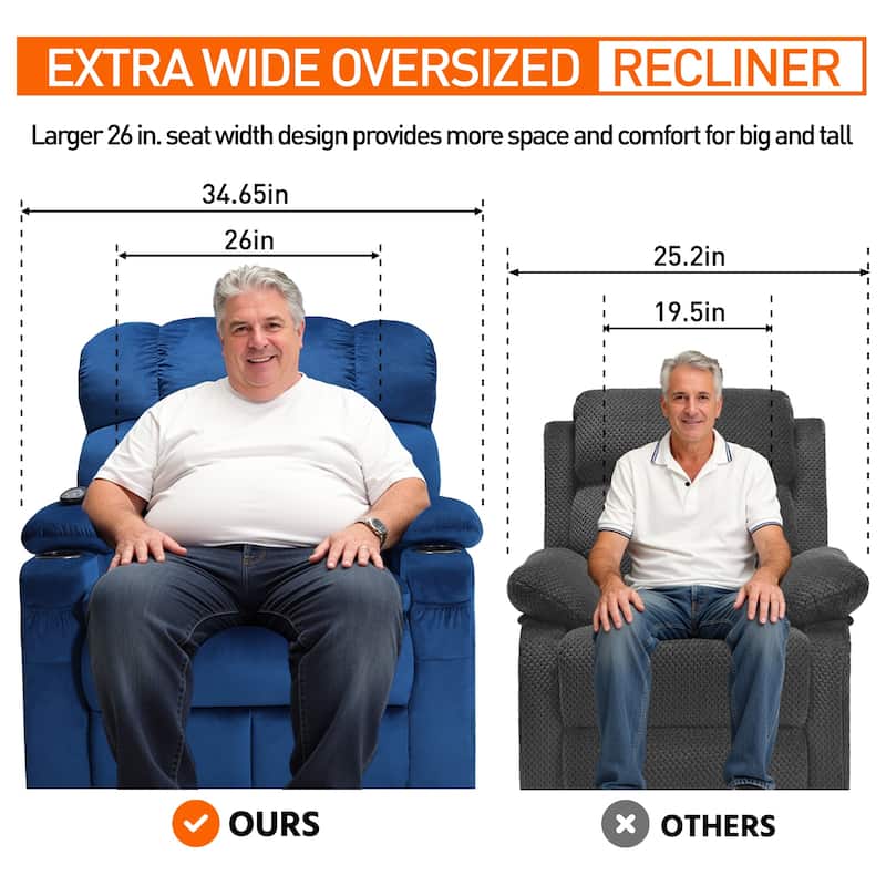 35" Wide Quiet Lift Velvet Recliner w/Massage and Heat