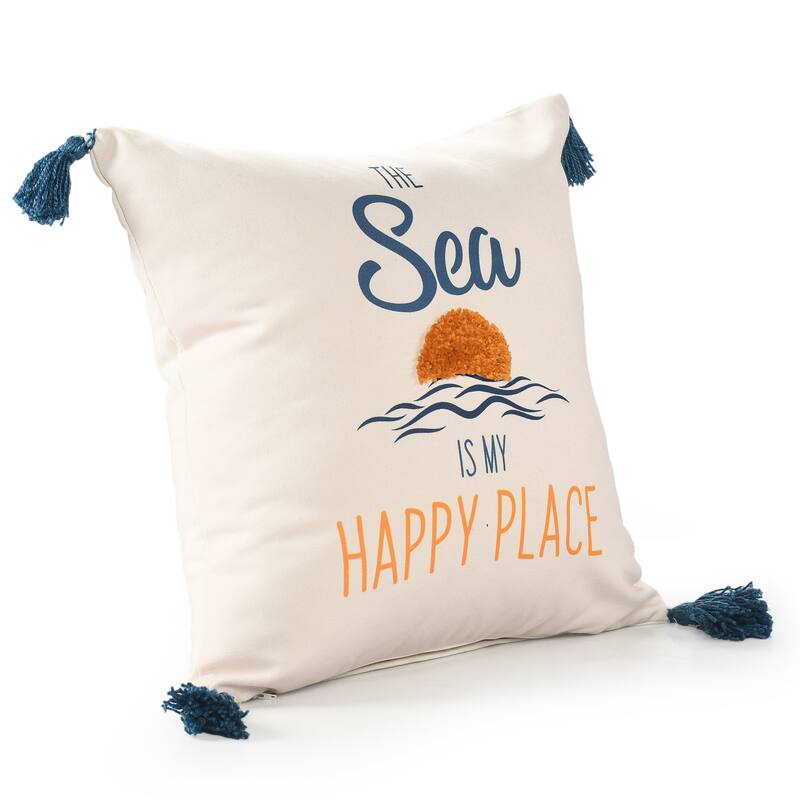 Sevita Navy/Golden Yellow Coastal Sea Is My Happy Place Polyester Throw Pillow, 20" x 20"