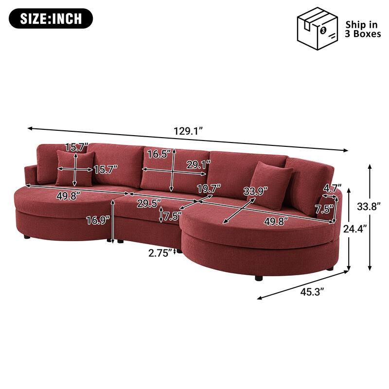 Roomfitters Modern Curved 3-Seater Sofa Couch with Throw Pillows, 129 Inch Wide