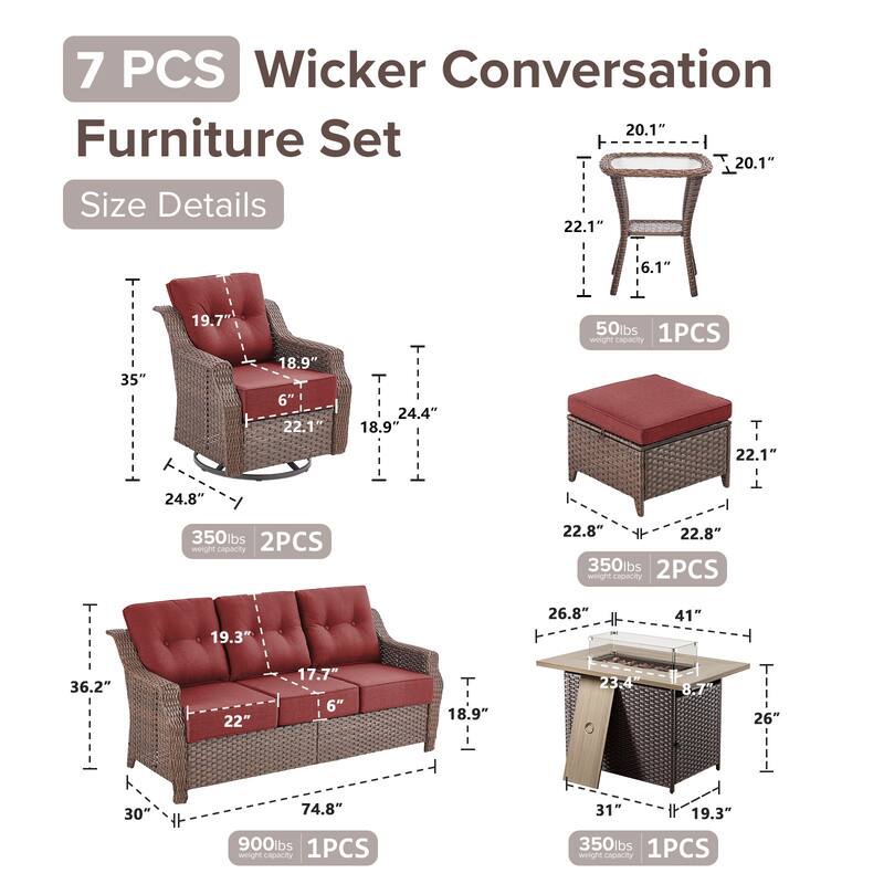 Gymojoy Wicker Patio Furniture Sofa Set with Fire Pit Table, 6-Inch Ultra Thick Cushioned 360° Swivel Glider Chairs