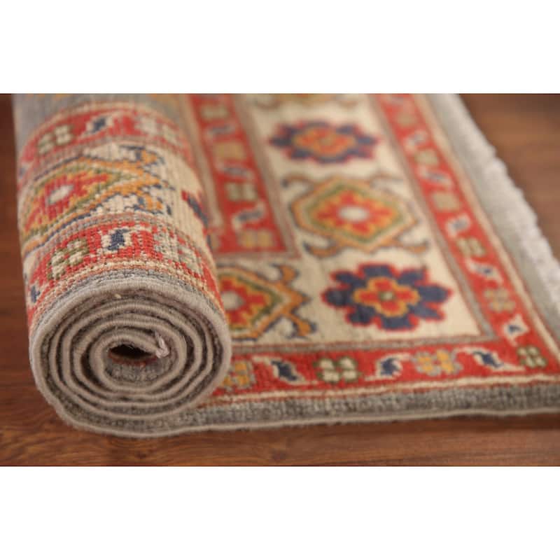 Geometric Kazak Accent Rug Hand-Knotted Grey Wool Carpet - 2'8"x 4'2"