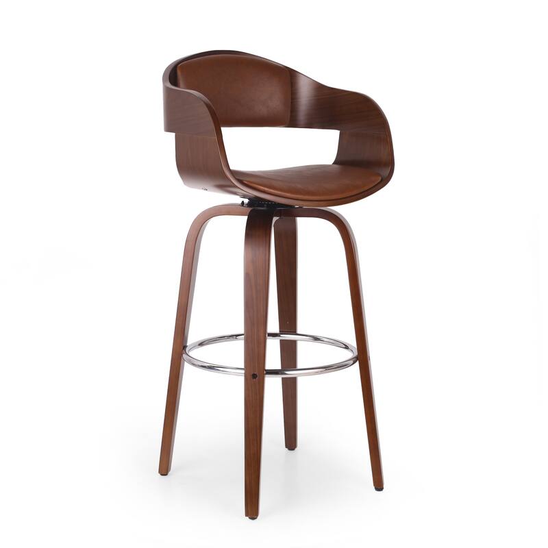 Roomfitters Mid-Century Modern Bentwood Bar Stool with Swivel Faux Leather Seat and Chrome Footrest, Brown