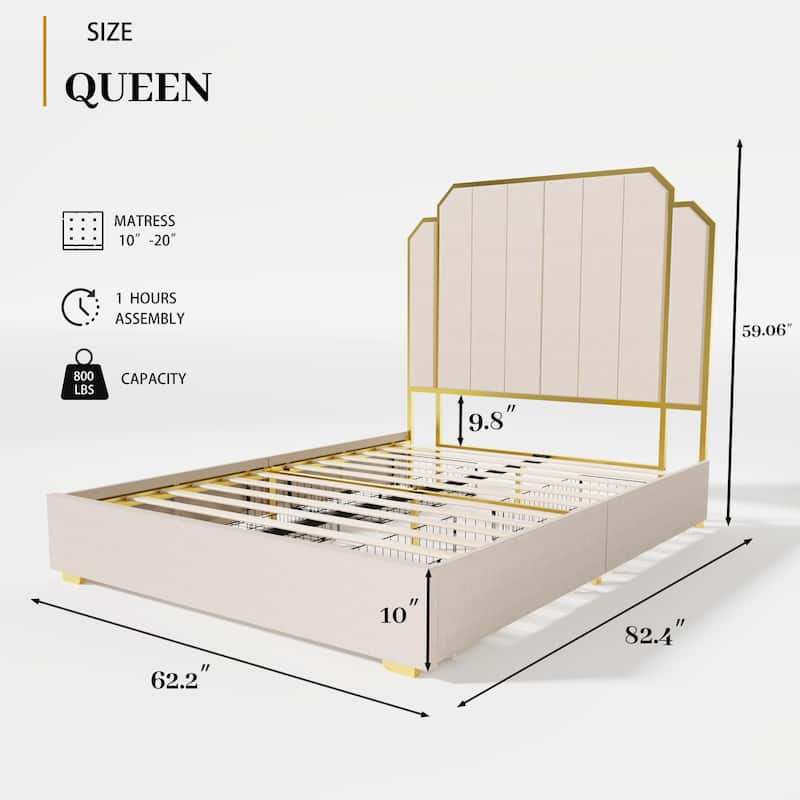 Queen Size Upholstered Bed Frame with 59.06" Headboard and Golden Plating Trim