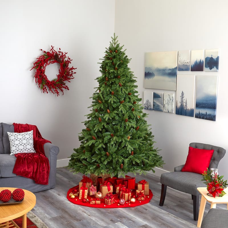 8ft Artificial Christmas Tree with Lights - Wellington Spruce Holiday Decor, Clear Lights, Pine Cones, Large Tree - Green - 96