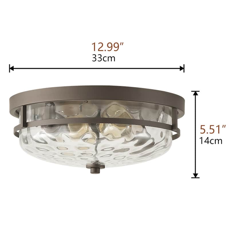 Vintage 2-Light Glass Flush Mount Drum Shape Stone Ripple Ceiling Lamp