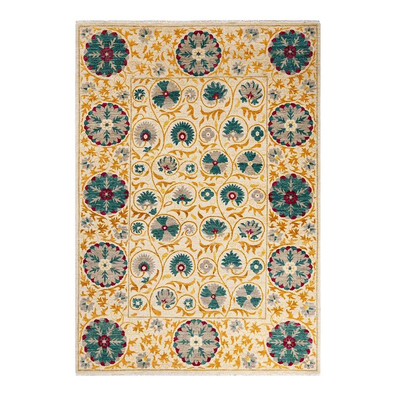 Overton Hand Knotted Wool Vintage Inspired Modern Contemporary Suzani Ivory Area Rug - 6' 4" x 9' 2"