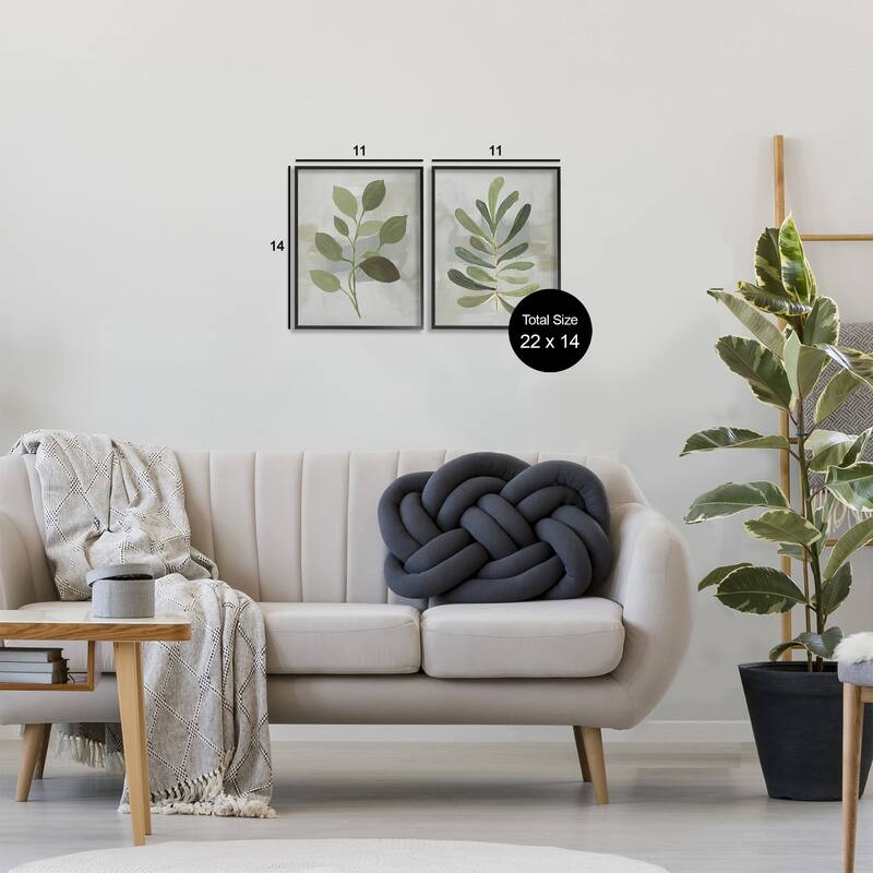 Stupell Green Leaf Branches on Grey Framed Giclee Art Design By Lanie Loreth (Set of 2)