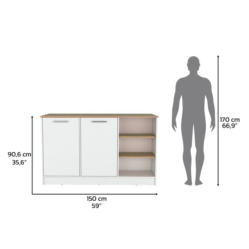 Kitchen Island Two Cabinets, Three Open Shelves, White / Natural Oak
