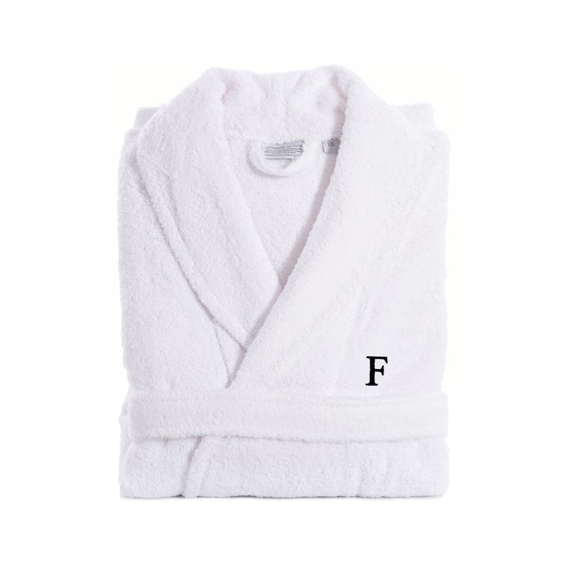 Authentic Hotel and Spa White With Black Monogram Turkish Cotton Unisex Terry Bath Robe - L/XL - F