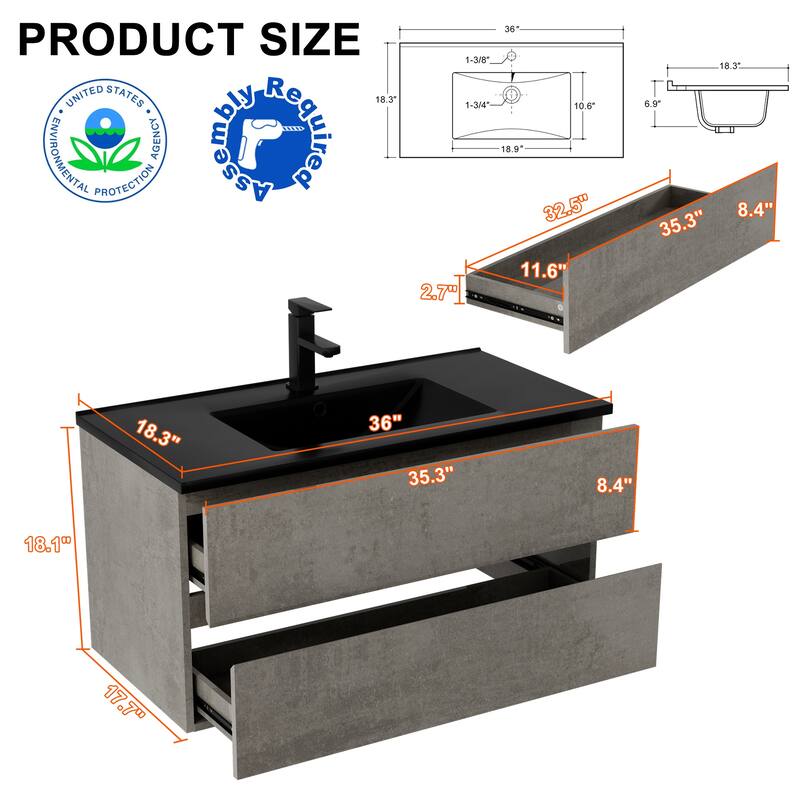 Wall Mounted Bathroom Vanity Sink with Black Sink & Faucet