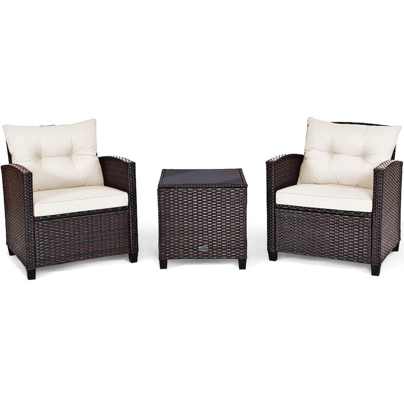 Outdoor 3-piece Cushioned Rattan Patio Furniture Conversation Set - White