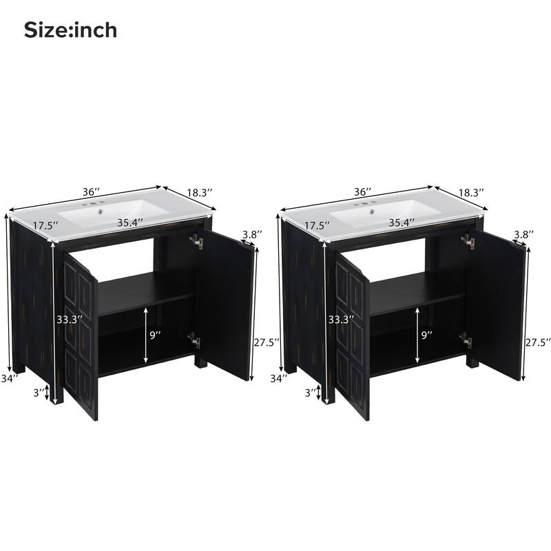 72" Retro Espresso Double Vanity Set - Separate Vanities, Dual Sinks, Soft-Close Doors & Adjustable Shelf‌ - 72"