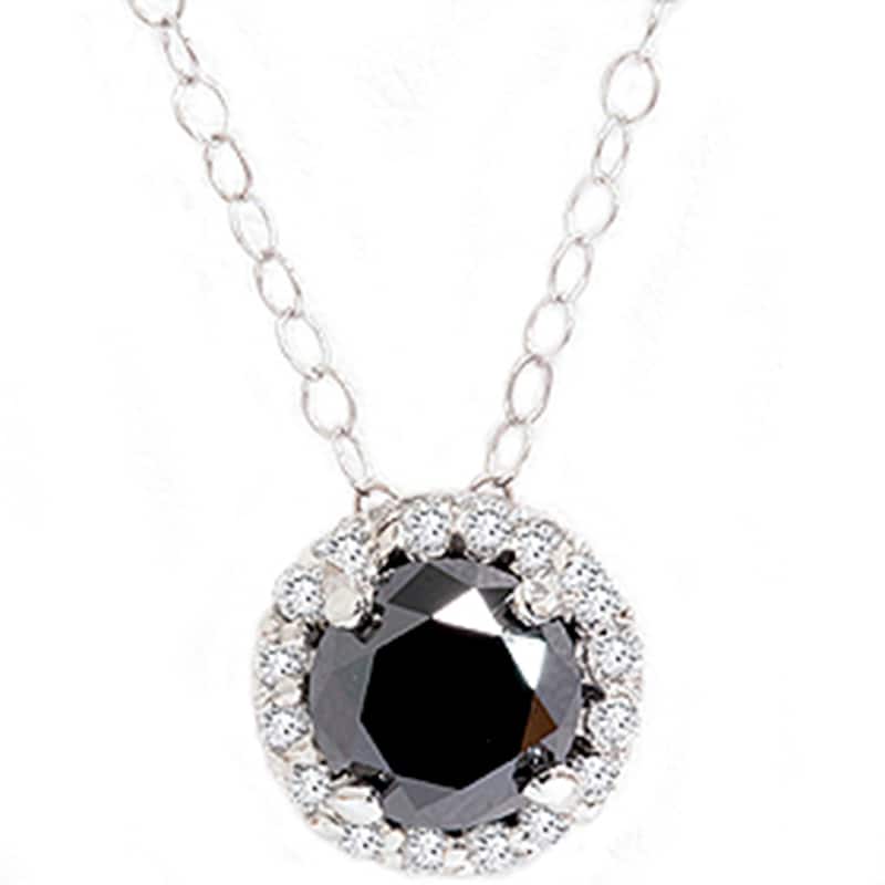 1 1/8ct Black White Diamond Solitaire Pave Halo Pendant