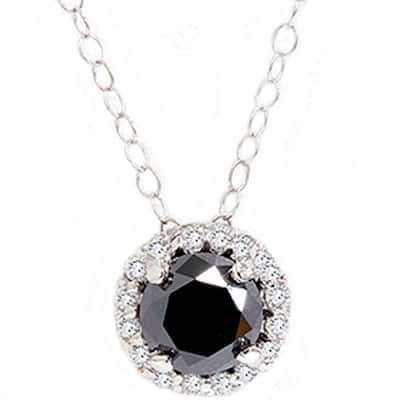 1 1/8ct Black White Diamond Solitaire Pave Halo Pendant